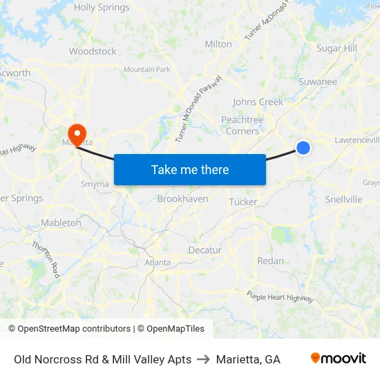 Old Norcross Rd & Mill Valley Apts to Marietta, GA map