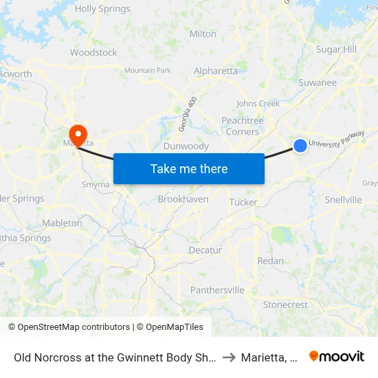 Old Norcross at the Gwinnett Body Shop to Marietta, GA map