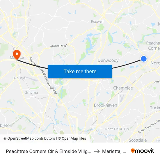 Peachtree Corners Cir & Elmside Villg Ln to Marietta, GA map