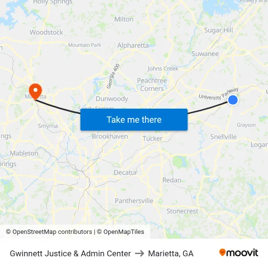 Gwinnett Justice & Admin Center to Marietta, GA map