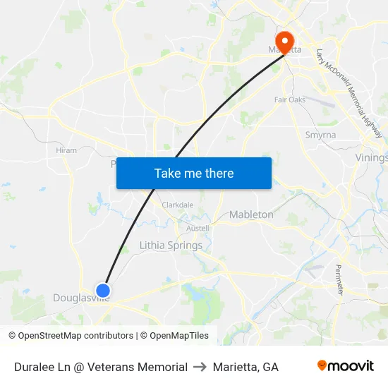 Duralee Ln @ Veterans Memorial to Marietta, GA map