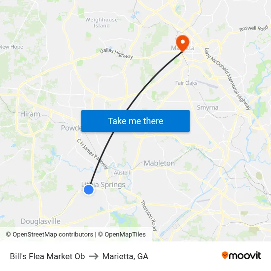 Bill's Flea Market Ob to Marietta, GA map