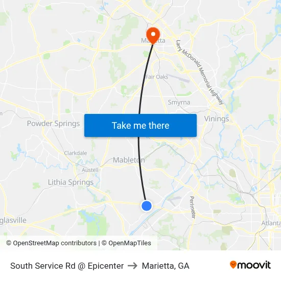 South Service Rd @ Epicenter to Marietta, GA map