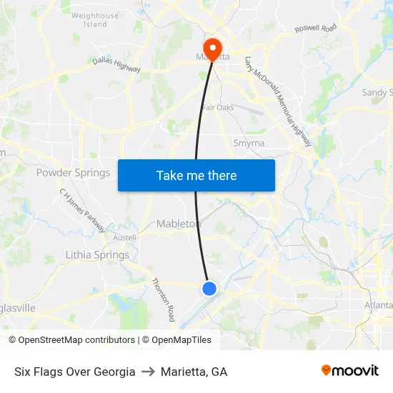 Six Flags Over Georgia to Marietta, GA map