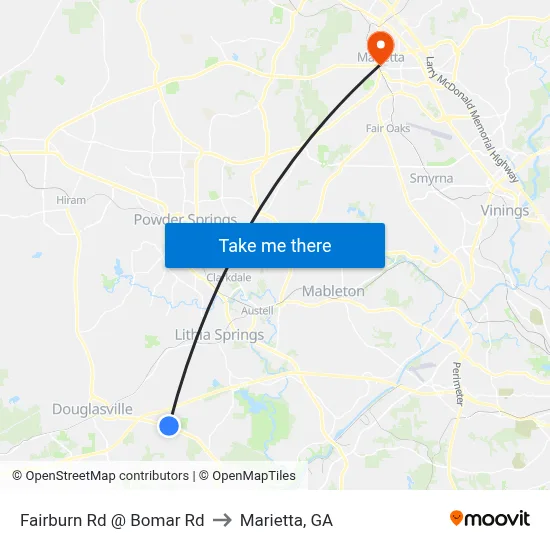 Fairburn Rd @ Bomar Rd to Marietta, GA map