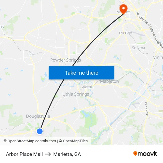 Arbor Place Mall to Marietta, GA map