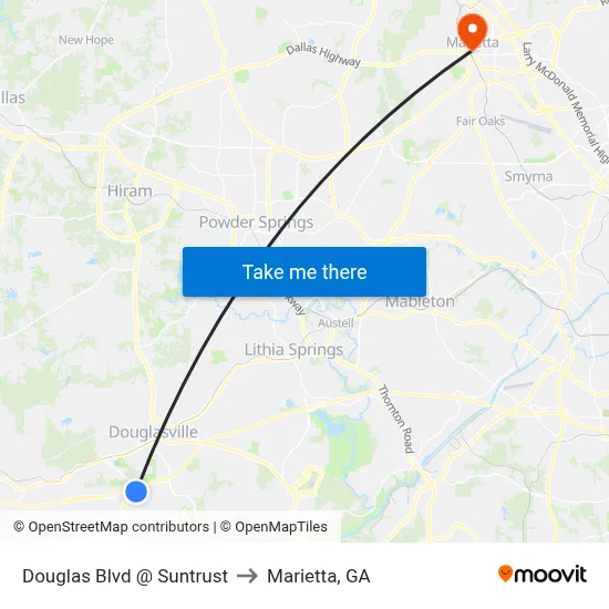 Douglas Blvd @ Suntrust to Marietta, GA map