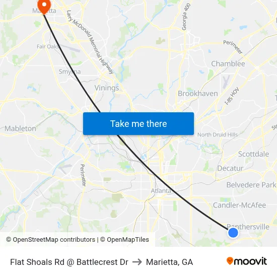 Flat Shoals Rd @ Battlecrest Dr to Marietta, GA map