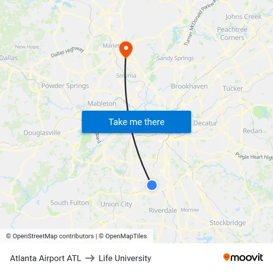Atlanta Airport ATL to Life University map