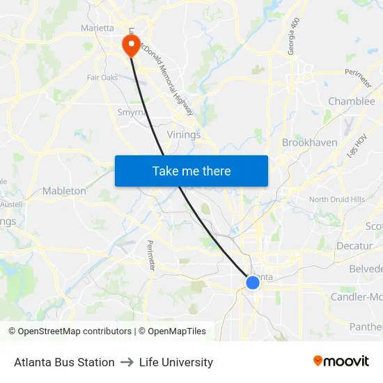 Atlanta Bus Station to Life University map