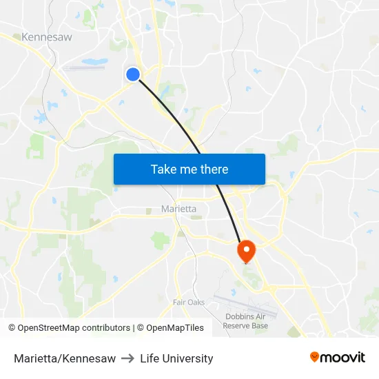 Marietta/Kennesaw to Life University map
