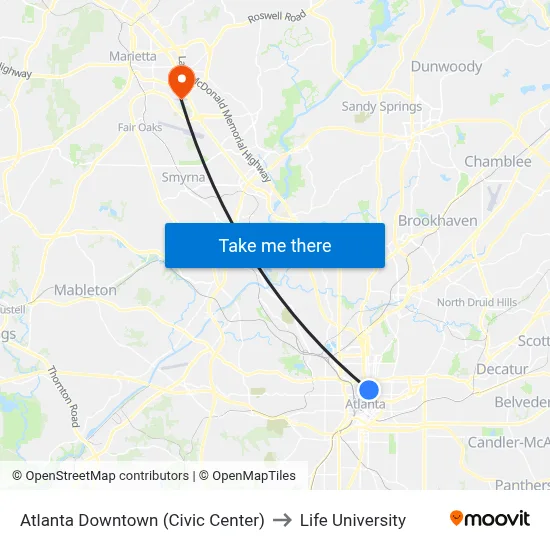 Atlanta Downtown (Civic Center) to Life University map