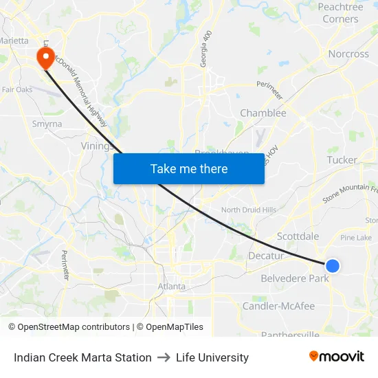 Indian Creek Marta Station to Life University map
