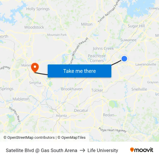 Satellite Blvd @ Gas South Arena to Life University map