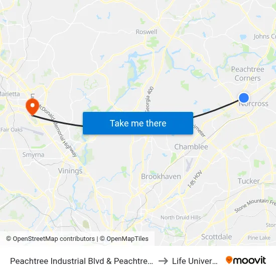 Peachtree Industrial Blvd & Peachtree Co to Life University map