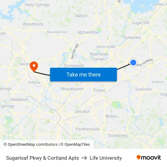 Sugarloaf Pkwy & Cortland Apts to Life University map