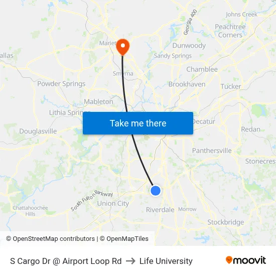 S Cargo Dr @ Airport Loop Rd to Life University map