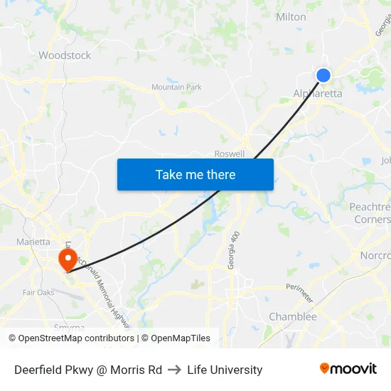 Deerfield Pkwy @ Morris Rd to Life University map