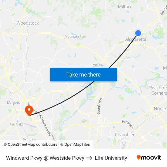 Windward Pkwy @ Westside Pkwy to Life University map