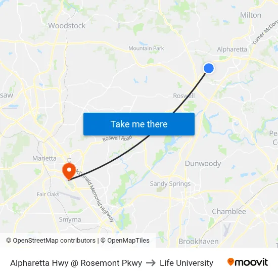 Alpharetta Hwy @ Rosemont Pkwy to Life University map