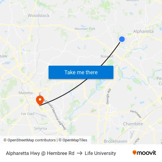 Alpharetta Hwy @ Hembree Rd to Life University map
