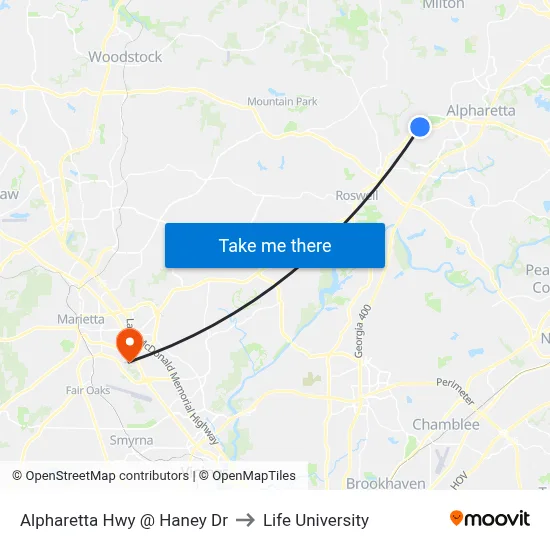 Alpharetta Hwy @ Haney Dr to Life University map