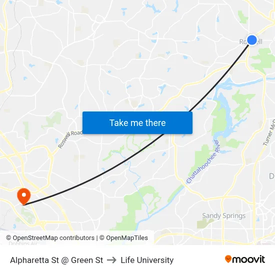 Alpharetta St @ Green St to Life University map