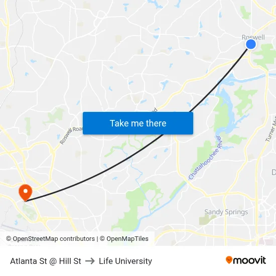 Atlanta St @ Hill St to Life University map