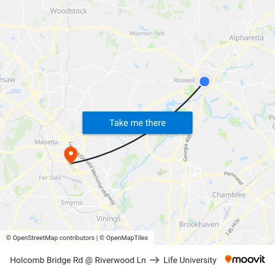 Holcomb Bridge Rd @ Riverwood Ln to Life University map