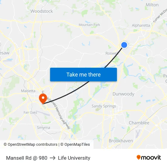 Mansell Rd @ 980 to Life University map