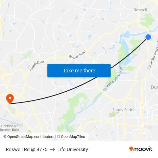 Roswell Rd @ 8775 to Life University map