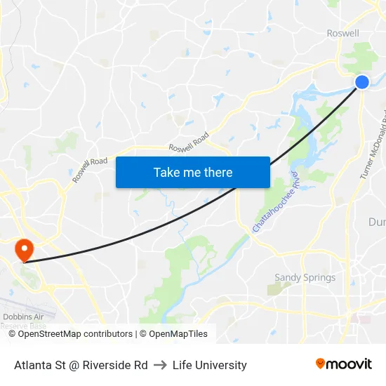 Atlanta St @ Riverside Rd to Life University map
