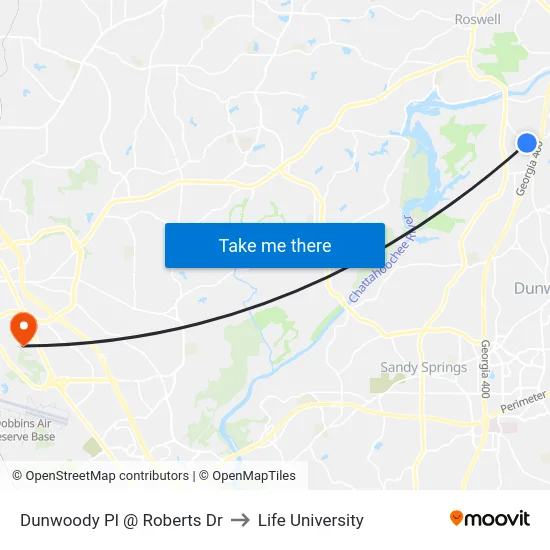 Dunwoody Pl @ Roberts Dr to Life University map