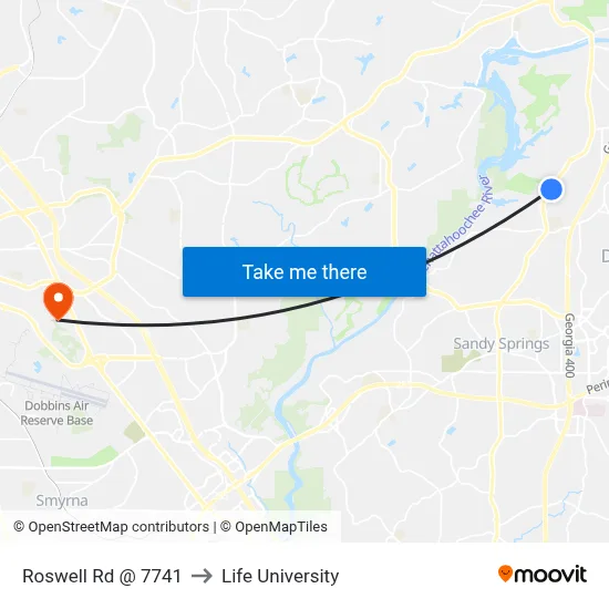 Roswell Rd @ 7741 to Life University map