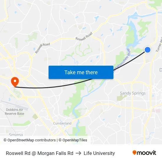 Roswell Rd @ Morgan Falls Rd to Life University map