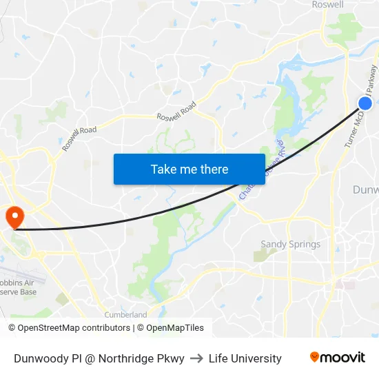 Dunwoody Pl @ Northridge Pkwy to Life University map