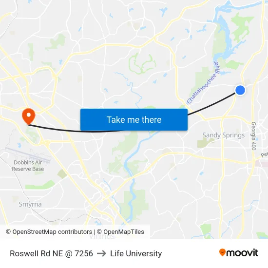 Roswell Rd NE @ 7256 to Life University map
