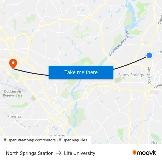 North Springs Station to Life University map