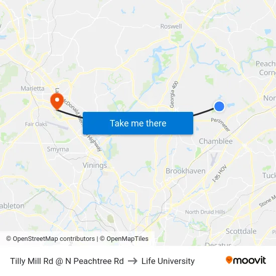 Tilly Mill Rd @ N Peachtree Rd to Life University map