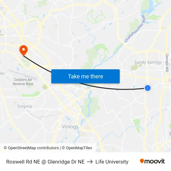 Roswell Rd NE @ Glenridge Dr NE to Life University map