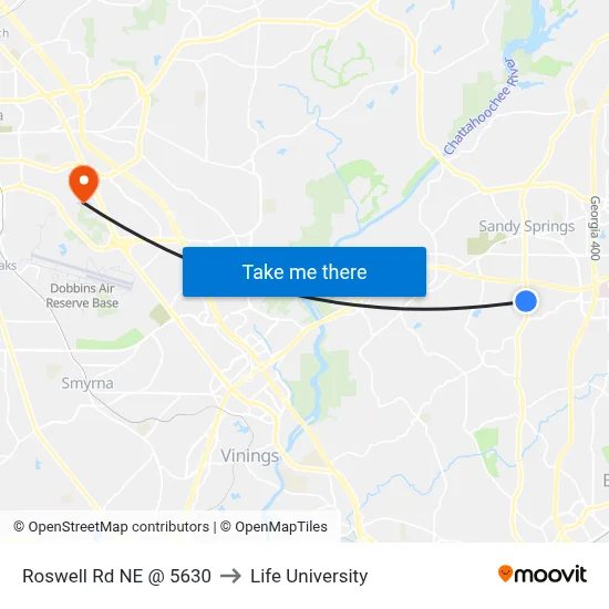 Roswell Rd NE @ 5630 to Life University map