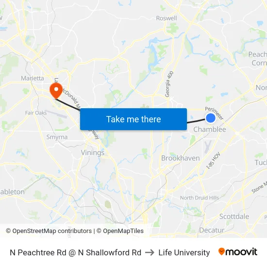 N Peachtree Rd @ N Shallowford Rd to Life University map
