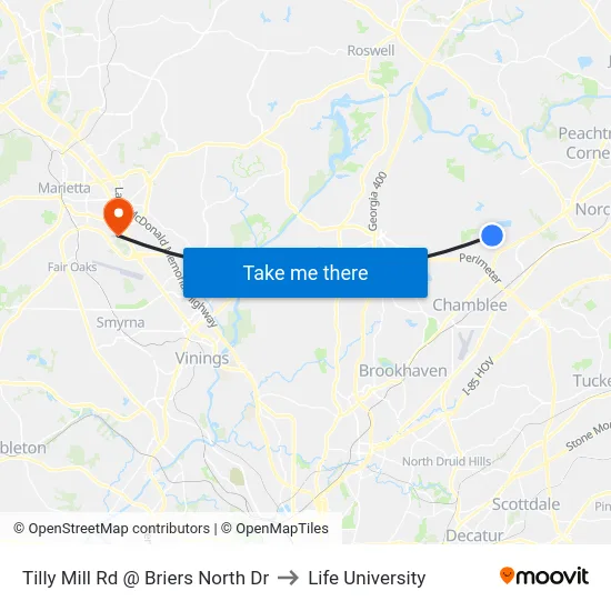 Tilly Mill Rd @ Briers North Dr to Life University map
