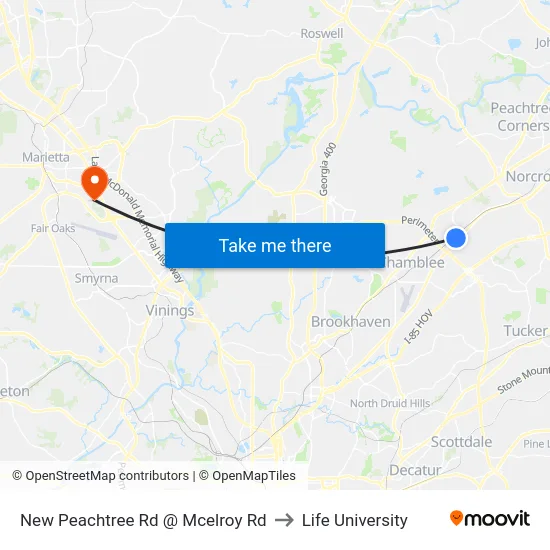 New Peachtree Rd @ Mcelroy Rd to Life University map