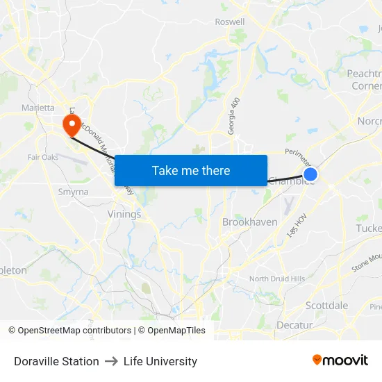 Doraville Station to Life University map