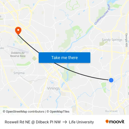 Roswell Rd NE @ Dilbeck Pl NW to Life University map