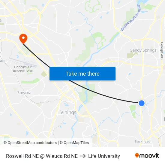 Roswell Rd NE @ Wieuca Rd NE to Life University map
