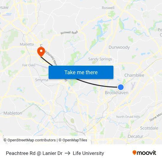Peachtree Rd @ Lanier Dr to Life University map