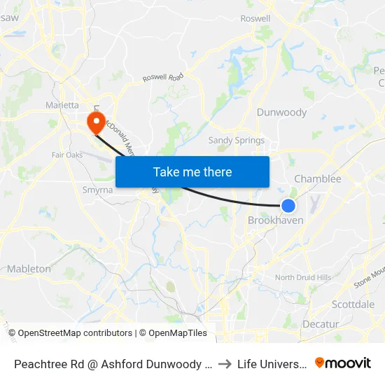 Peachtree Rd @ Ashford Dunwoody Rd to Life University map