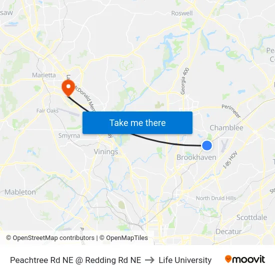 Peachtree Rd NE @ Redding Rd NE to Life University map